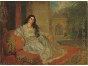 An Indian Woman Reclining On Bolsters On The Terrace Of A Lucknow Residence, A Stem Cup Of Jewels At Her Side, A Bihishti Laying The Dust Beyond by Charles Smith