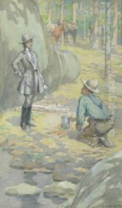 Cowboy And Lady Rider At Campsite by Elmer Boyd Smith