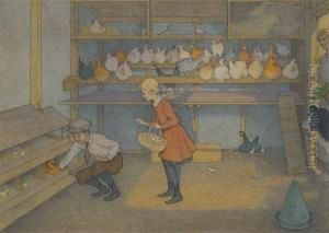 Children Gathering Eggs In Chicken Coop. by Elmer Boyd Smith