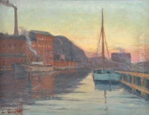 Kvall, Motiv Fran Hamnen I Karlshamn. Signerad. Duk, 53x68 by Ernst Smith