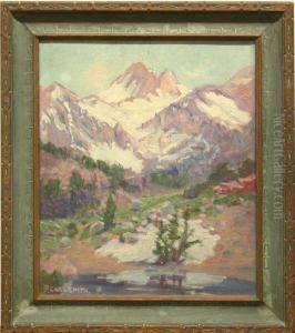 Mountains With Snow Capped Peaks And Lake by Frederick Carl Smith