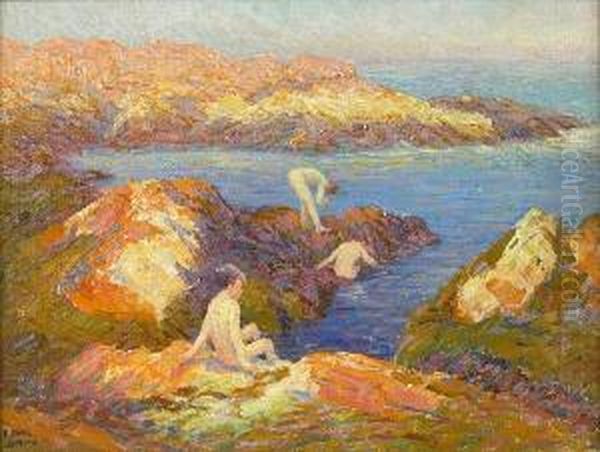 Bathers Amongst The Rocks In A Cove - view 1
