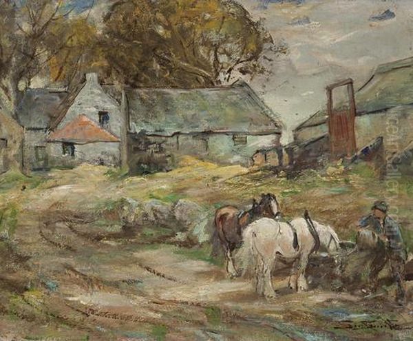 Working Horses Watering At Farmyard Trough - view 1