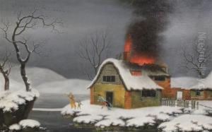 Burning Cottage In Winter