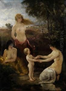 Drei Badende Madchen Mit Einem Knableinam Wasserufer In Landschaft by Hobbe Smith