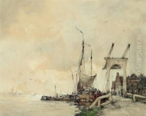 Dutch Barges On The River by Hobbe Smith