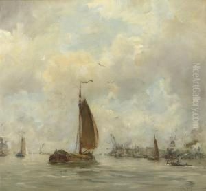 Sailing Vessels Near The Harbour Entrance by Hobbe Smith