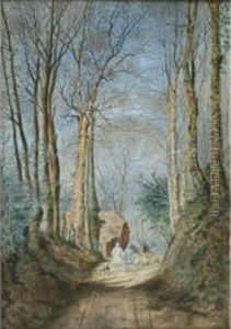 Figures Droving Sheep On A Sunlit Wooded Lane by J Charles Smith