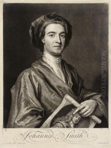 A Self Portrait Of John Smith Holding A Mezzotint Portrait Ofgodfrey Kneller - view 1