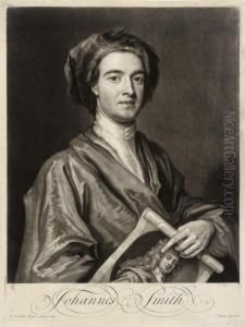 A Self Portrait Of John Smith Holding A Mezzotint Portrait Ofgodfrey Kneller by John Smith