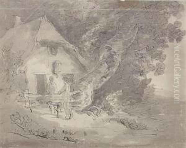 Figures Conversing By A Rustic Cottage - view 1