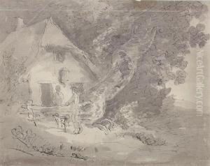 Figures Conversing By A Rustic Cottage by John Thomas Smith