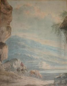 A Mountainous Landscape With A Traveller And Two Mules