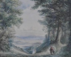 Figures On A Hilltop Road Overlooking A Lakeside Town by John Warwick Smith