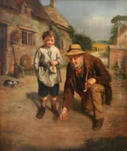 Man And Boy Playing Marbles Outside A Cottage Near A Sleeping Cat by John Wells Smith