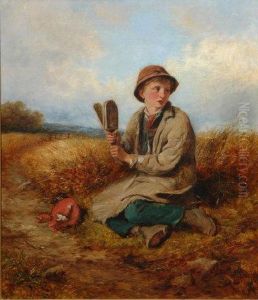 Boy Seated In A Field, Holding A Bird Scarer. by John Wells Smith