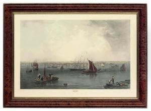 Depicting Figures And Ships In A Townscape by Benjamin F., Smith Jr.
