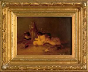 Four Chicks Attacking An Insect With Pincers by Mary Russell Smith