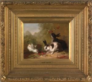 Two Bunnies And A Chick Eating Cherries by Mary Russell Smith