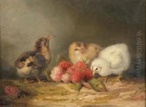 Three Chicks With Strawberries by Mary Russell Smith