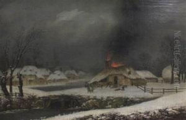 Winter Landscape With Cottage On Fire - view 1