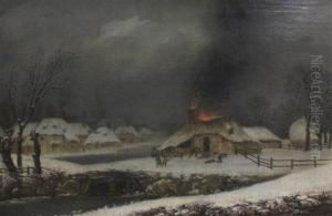 Winter Landscape With Cottage On Fire