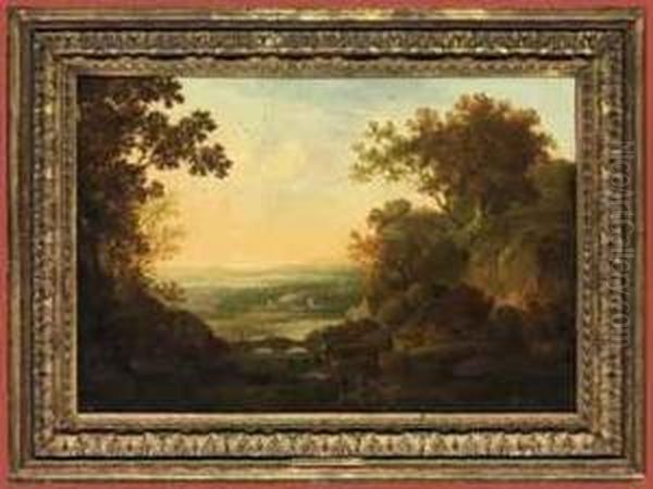 A Capriccio River Landscape With Figures Fishing, The Temple Ofvesta On A Hill Beyond - view 1