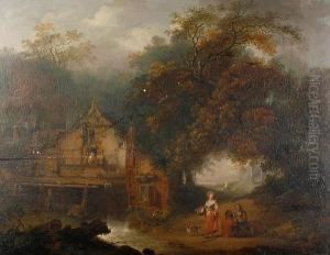 A Mill And Figures In A Wooded Landscape