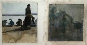 Figures Sitting By A Port by Walter Granville-Smith