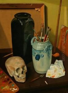 Still Life Of Skull,crock/brush Pot And Vase. by Walter Granville-Smith