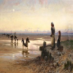 Early Morning With Shellfish Collectors On A Beach In Brittany by Frithjof Smith-Hald
