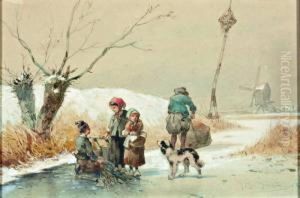 Winter Met Kinderen En Hond Op Het Ijs by Johan Gerard Smits