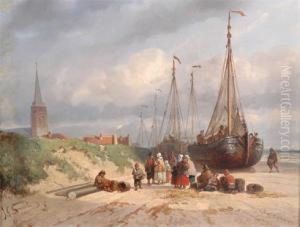 Fisherfolk And Boats On The Shore by Johan Gerard Smits