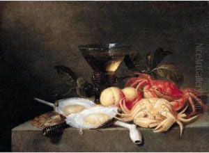 A Still Life Of Crabs, Oysters, Apricots, A Roemer, And A Pipe, All Upon A Stone Ledge