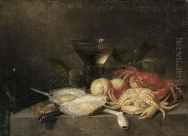 A Roemer, Peaches, Crabs, Oysters, A Clay Pipe And A Knife On A Stone Shelf - view 1