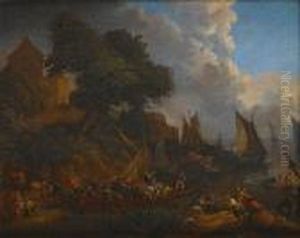 A Harbour With Figures Loading Their Vessels by Lucas Smont