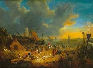 Elegant Figures Inspecting The Catch On A Beach With Sailing Barges And Shipping Beyond