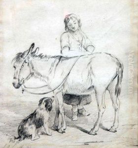 Drawing Lady With Dog And Donkey by Edward Robert Smythe