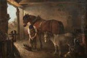 A Farrier Shoeing A Plough Horse, With A Donkey, In A Forge Interior