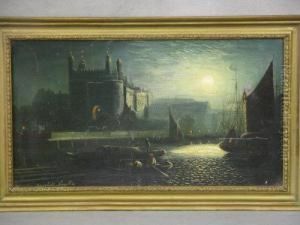 River Thames In Moonlight With Boatmen And Tower Oflondon Beyond by H. Smythe