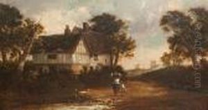 Returning Home - Mother And Child Before A Timbered Farmhouse, With Church Beyond