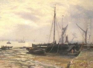 Fisherfolk And Beached Fishing Vessels On The Shoreof An Estuary by Martin Snape