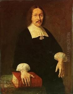 Portrait Of Rudolfus Capellus, Small Three-quarter-length, In Black Costume With A Lawn Collar, At A Drapped Table With His Right Hand Resting On A Bible by Abraham Snaphaen