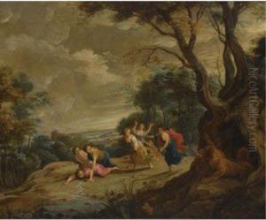 A Wooded Landscape With Maidens Assaulted By A Mythological Beast