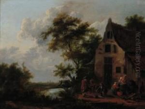 A River Landscape With Figures Before A Cottage With A Man Buyingfish by Jan Snellinck