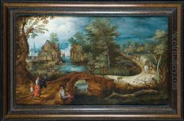 Paysage Au Faucheur, Pecheur Et Lavandiere Pres D'un Village - view 1