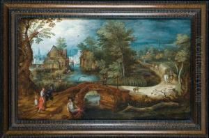 Paysage Au Faucheur, Pecheur Et Lavandiere Pres D'un Village
