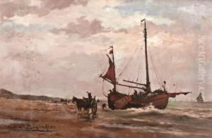 Strand Met Bomschuit En Schelpenvisser