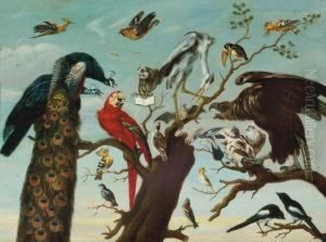 Snijders A Concert Of Birds: Peacocks, A Parrot, A Herron, A Tucan, Pigeons,a Vulture, Magpies, A Bat And Various Other Birds On A Treebranch Oil On Canvas 102.9 X 138.7 Cm