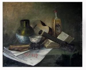 Still-life With Guitar, Books, Newspaper by Edward Taylor Snow